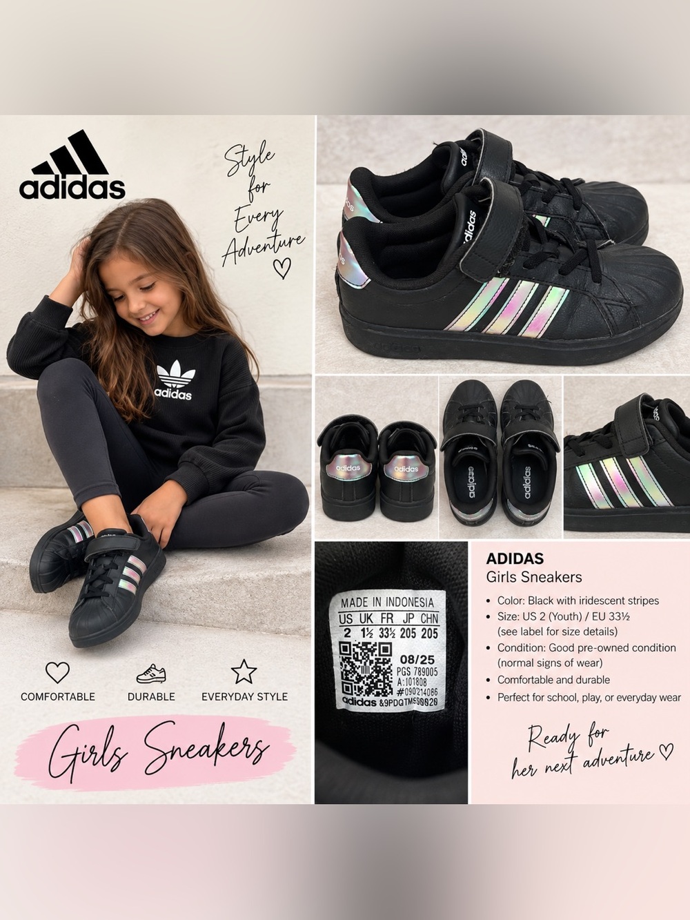 Adidas Girls Black Sneakers Size 2 – Iridescent Stripes Velcro Lace-Up